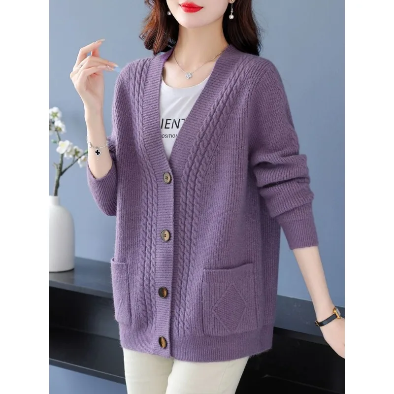 Women Mature Spring Autumn Cable Knit Cardigan Plus Size V Neck Button Pocket Loose Sweater Outerwear