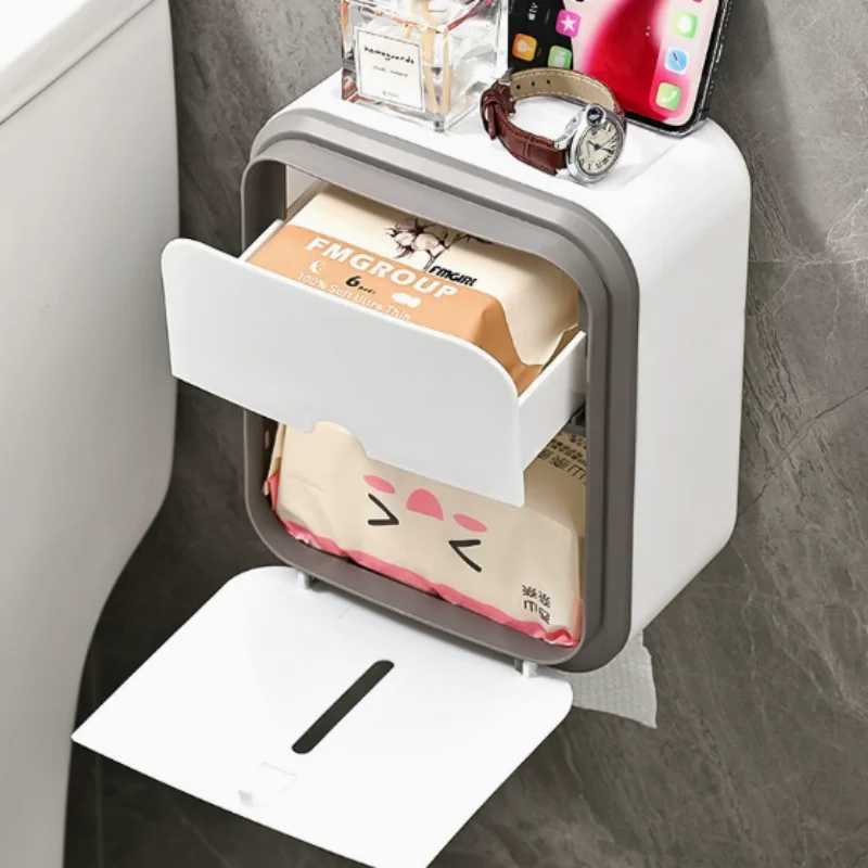 No Drill Wall Mounted Bathroom Tissue Storage Container Waterproof Dust Resistant Large Capacity Toilet Paper Holder Household B