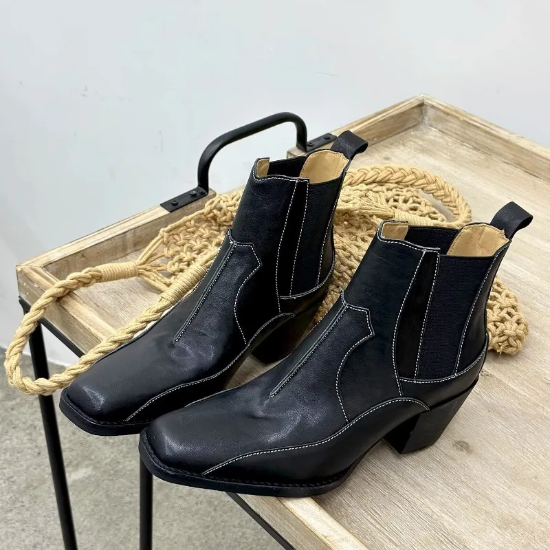 New French Retro Square Toe Western Ankle Boots Women's Shoes High Heels Genuine Leather Casual Outdoor Work Boots Female