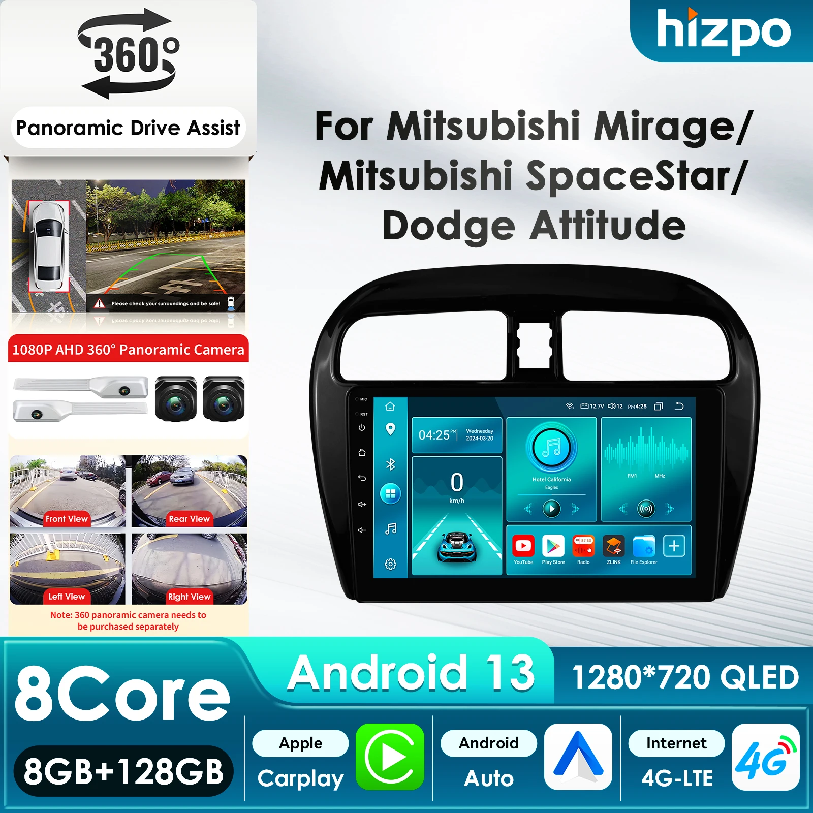Hizpo 8Core DSP Car Multimedia Player for Mitsubishi Mirage 2012-2023 Space Star for Dodge Attitude Carplay Autoradio RDS GPS