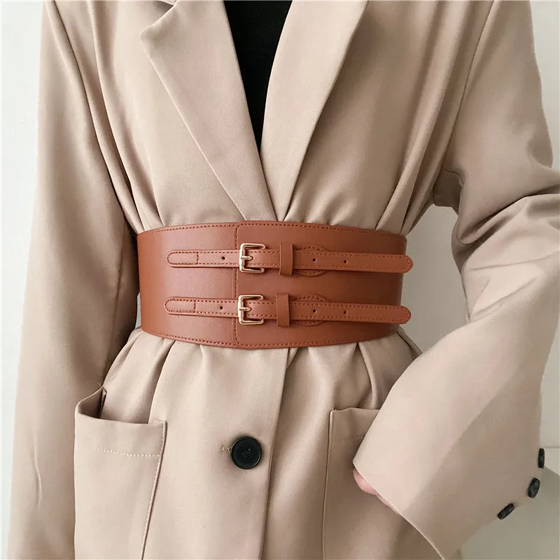 Cummerbunds واسعة للغاية لمعطف المرأة تمتد الخصر أسود بني اللون طبقة مزدوجة تصميم الخصر الأختام موضة مشد الفتيات #6