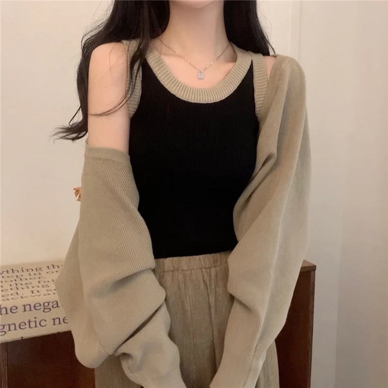 2024 Spring and Autumn New Fashion Casual Strap Top+Long Sleeve Shawl Cardigan Knitted Top for Women