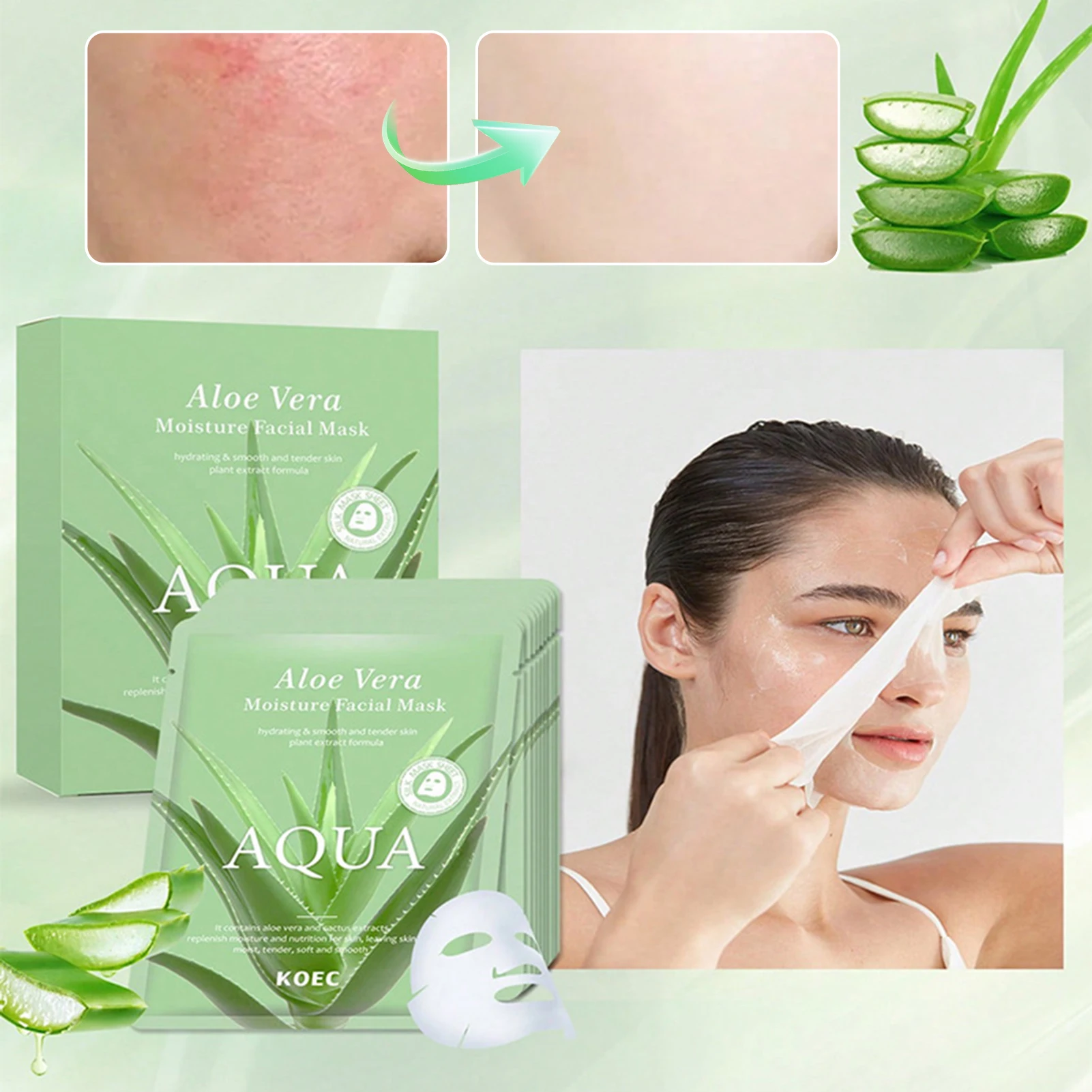 10pcs/Box Moisturizing Sheet Mask With Aloe Veras Ultra-Hydrating Soothing Skin Treatments Mask Skin Care Products For Women