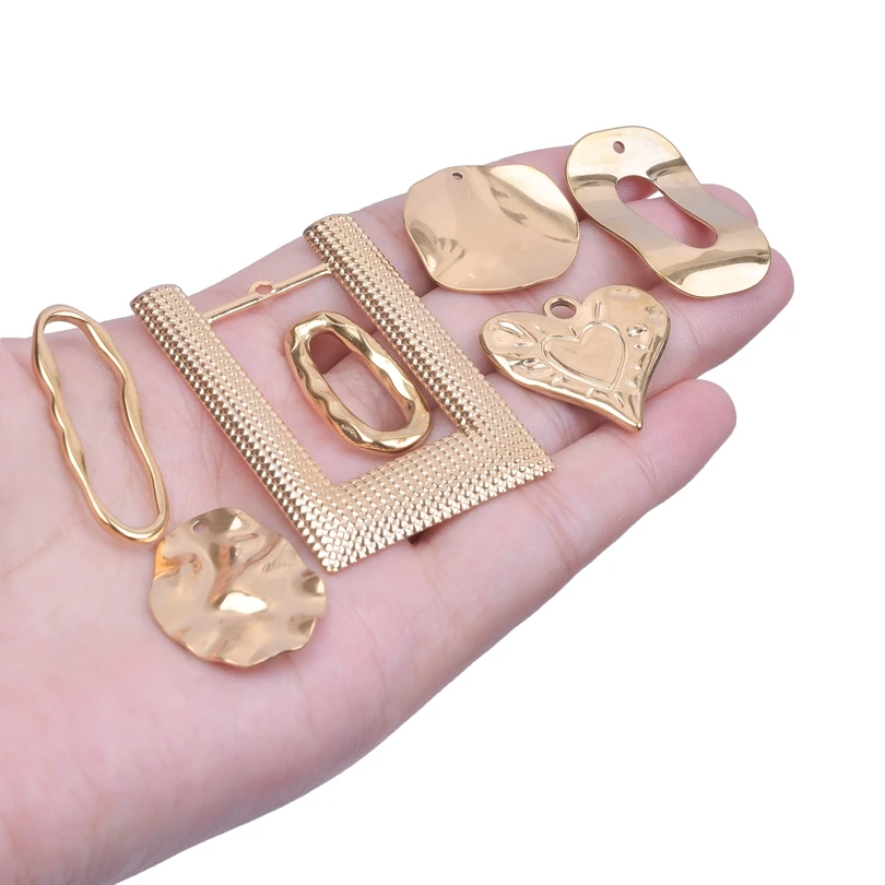 6Pcs/Lot Stainless Steel Stamping Geometric Rectangle Oval Round Charms Hollow Embossed Heart Diy Earrings Pendant Jewelry Bulk