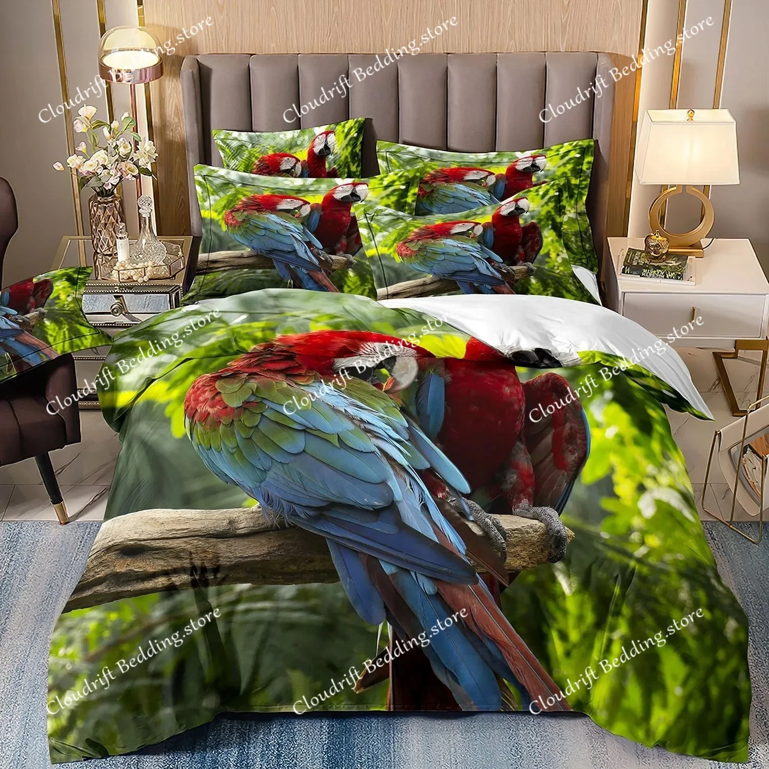 Flamingo Duvet Cover Set Tropical Leaves Comforter Cover Palm Tree Pattern Bedding Set Colorful Polyester Quilt Cover For Kids