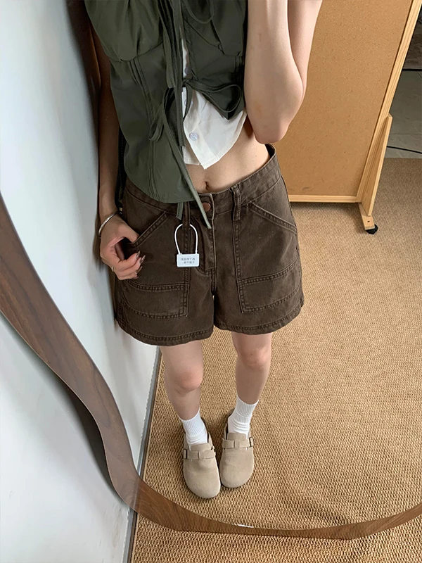 American Hot Girl High Waist Workwear Denim Shorts Women Summer Design Sensation Brown Coffee Loose Slim Wide Leg Hot Pants