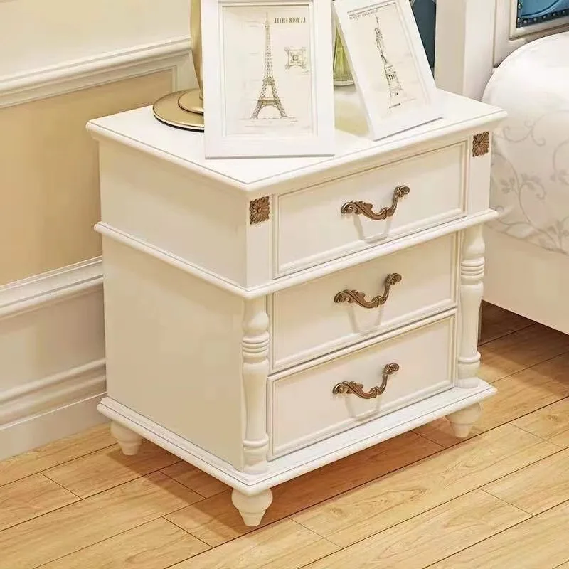 Solid wood pastoral bedside table three-draw bedroom carved retro modern simple bedside table