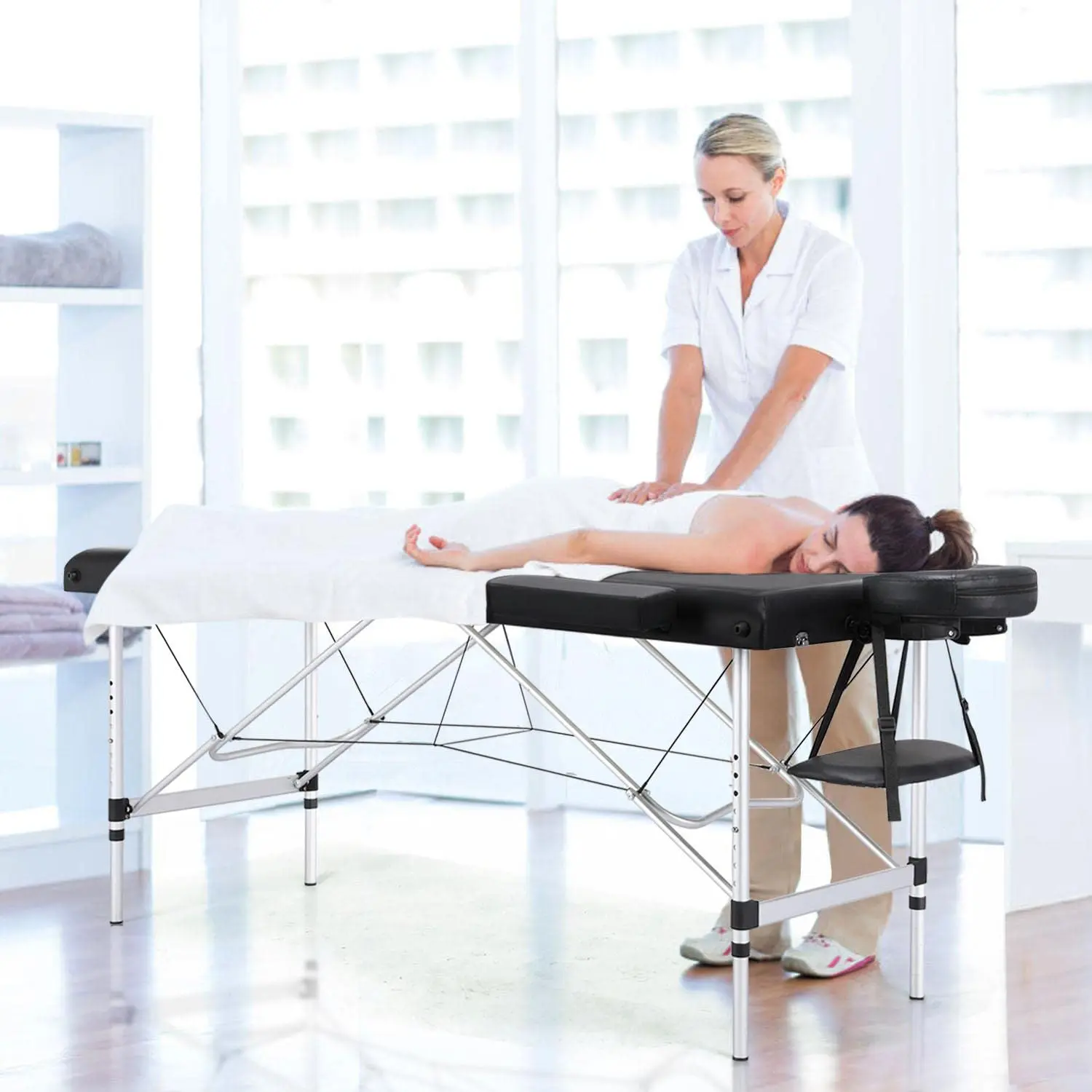 Portable Massage Table & Stool Set Pink Aluminum Frame Faux Leather Height Adjustable Foldable Salon Lash Home Use, Customized
