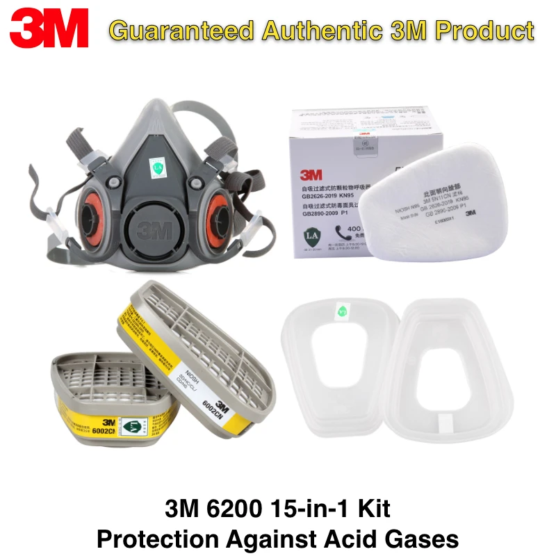 

3M 6200 Respirator 15 in 1 Set with 6002 Acid Gas Cartridges 5N11 Filters 501 Covers for Painting Welding Chemical Protection