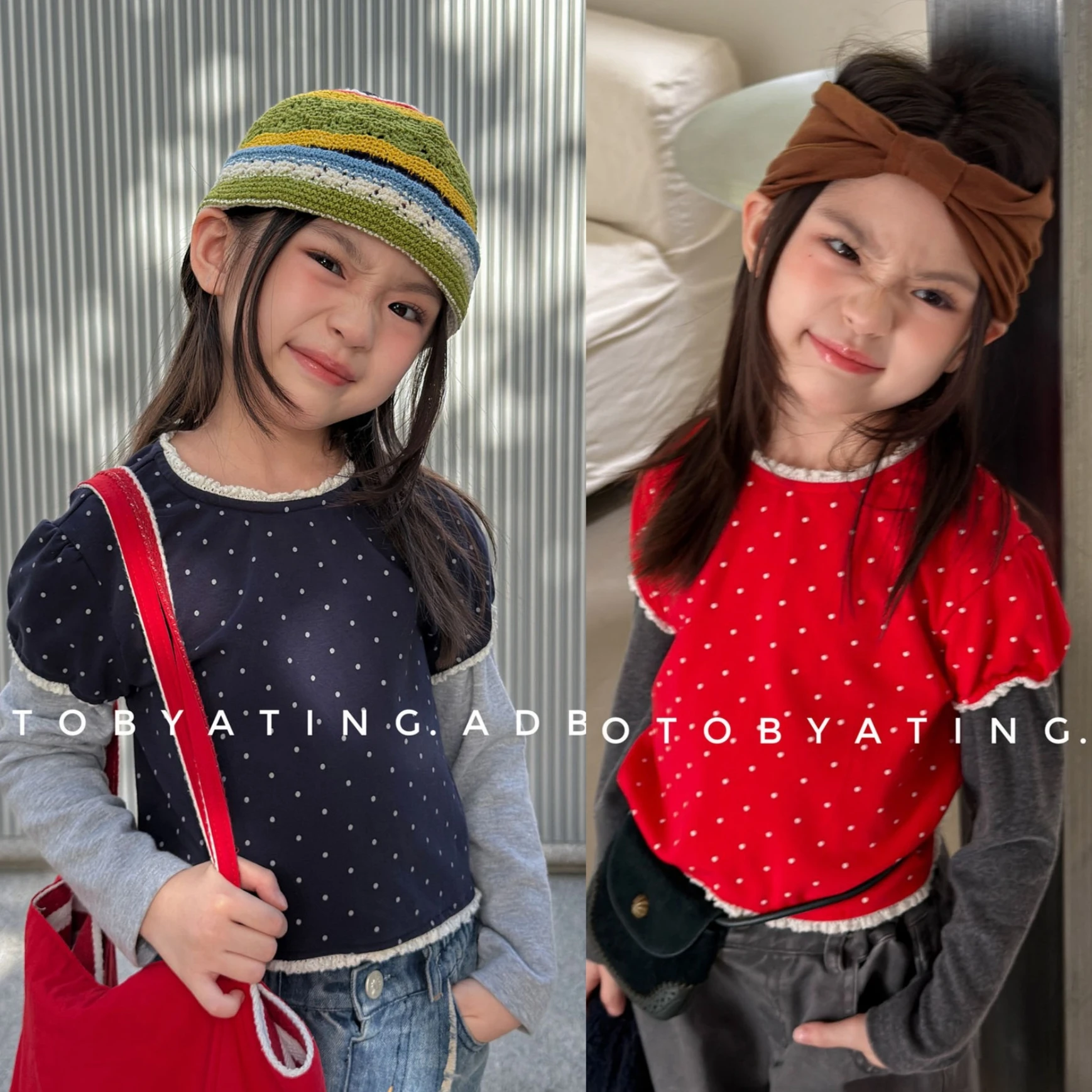 Girls' Blouse 2026 Spring and Autumn New Children's Clothing Korean Style Girl Baby Fashion Lace Dot Fake Two Bottoms