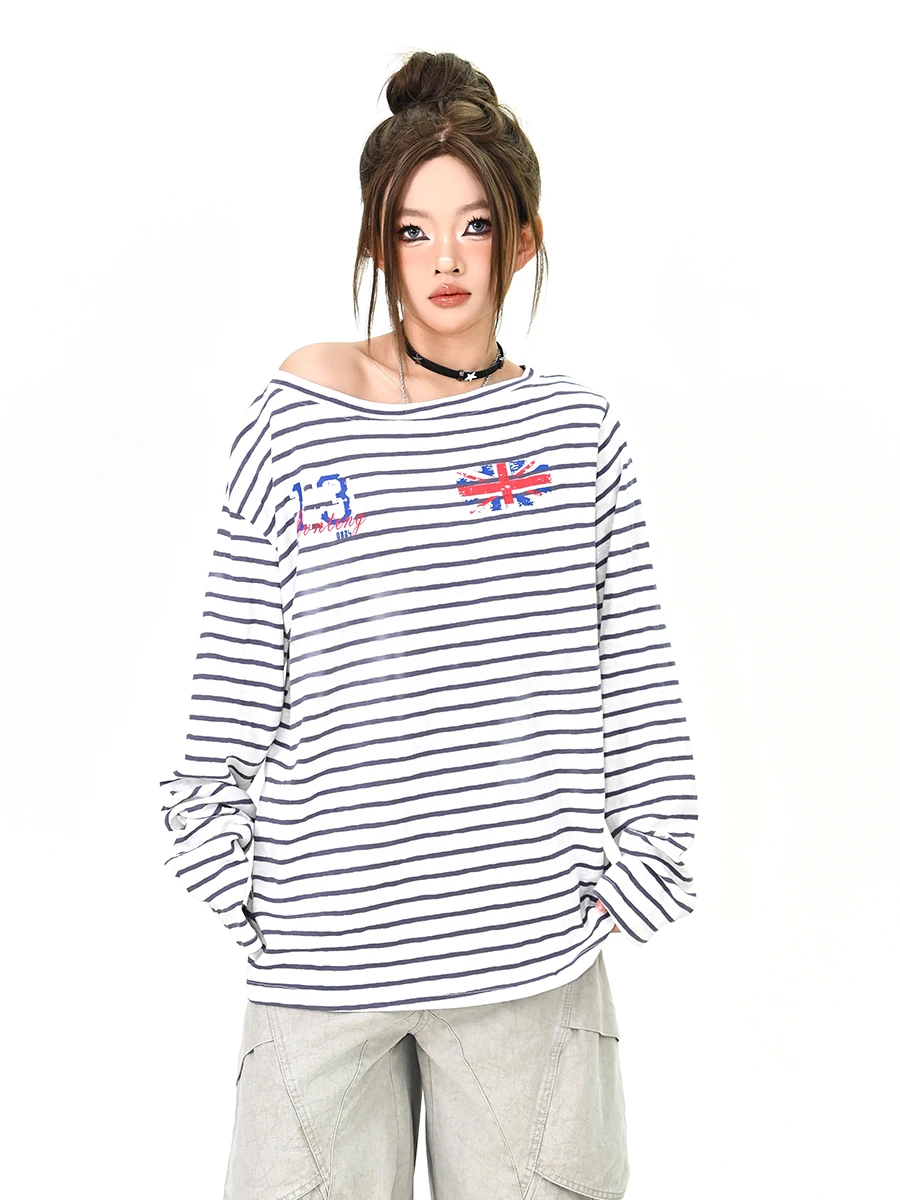 

Striped oulder Bared Long Sve T irt Women's Loose American Lazy Sle Street Faion Spring New Arrival Casual Top