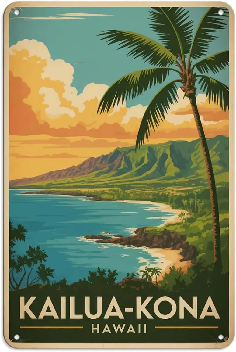 Tropical Beach Scenery Tin Sign Hawaii Kailua Kona Vintage Metal Signs for Kitchen Bar Cafe Home Wall Decor Garden and Outdoor P