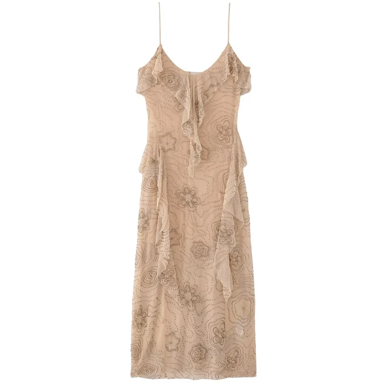 HXAO Slip Long Dresses 2025 Woman Ruffle Beaded Party Dress Women Summer Sleeveless Tulle Midi Dress Semi Sheer Backless Dress