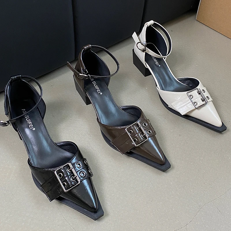 Calzado de punta estrecha con correa en el tobillo para mujer, zapatos de tacón medio, poco profundos, hebilla de moda, tacones de 4cm, 2024