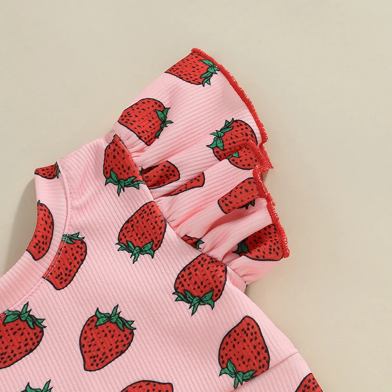 Kids Toddler Baby Girls Summer Pants Sets Flying Sleeve Strawberry Print Crop Top Flared Pants Outfits 2Pcs