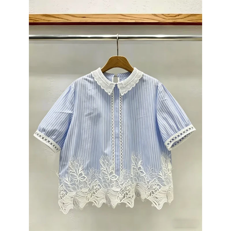 

Ladies' Collared Short Sleeve Shirt Summer 2026 Loose Breathable Embroidered Lace Hollow out Patchwork Top Striped Design