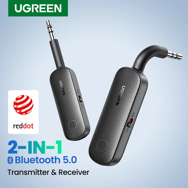 UGREEN-2 인 1 블루투스 어댑터 송신기 수신기, 블루투스 AUX 5.0 무선 3.5mm 어댑터 스테레오 이어폰 TV 자동차 오디오