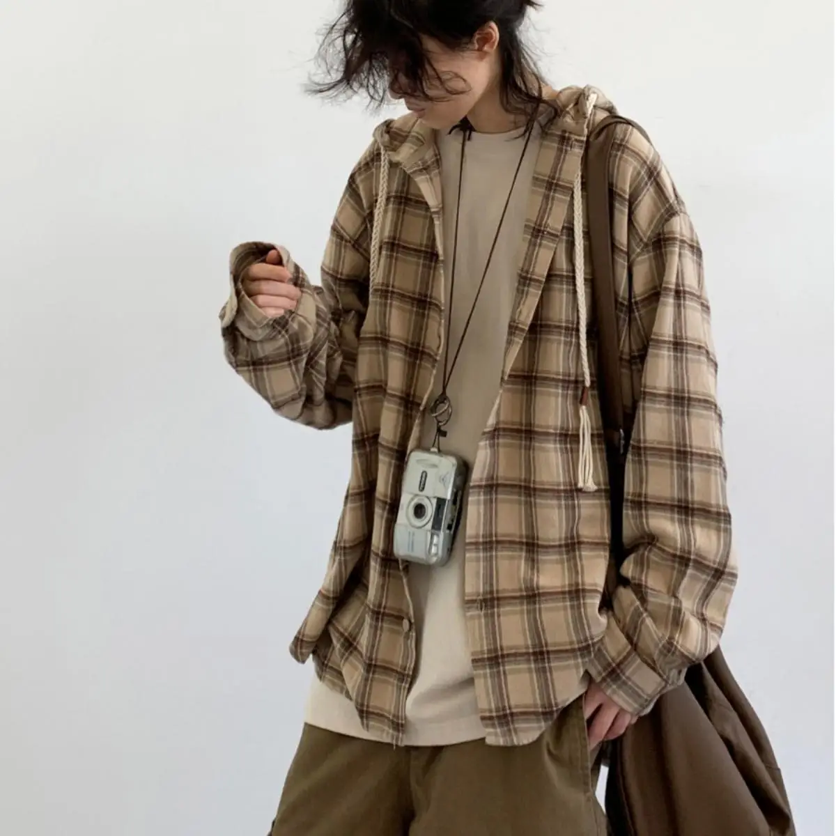 Jiwuus Spring and Autumn Japan fashion Retro Hood Plaid Shirts Boys and Girls Loose Preppy Long sleeve Shirt Outerwear