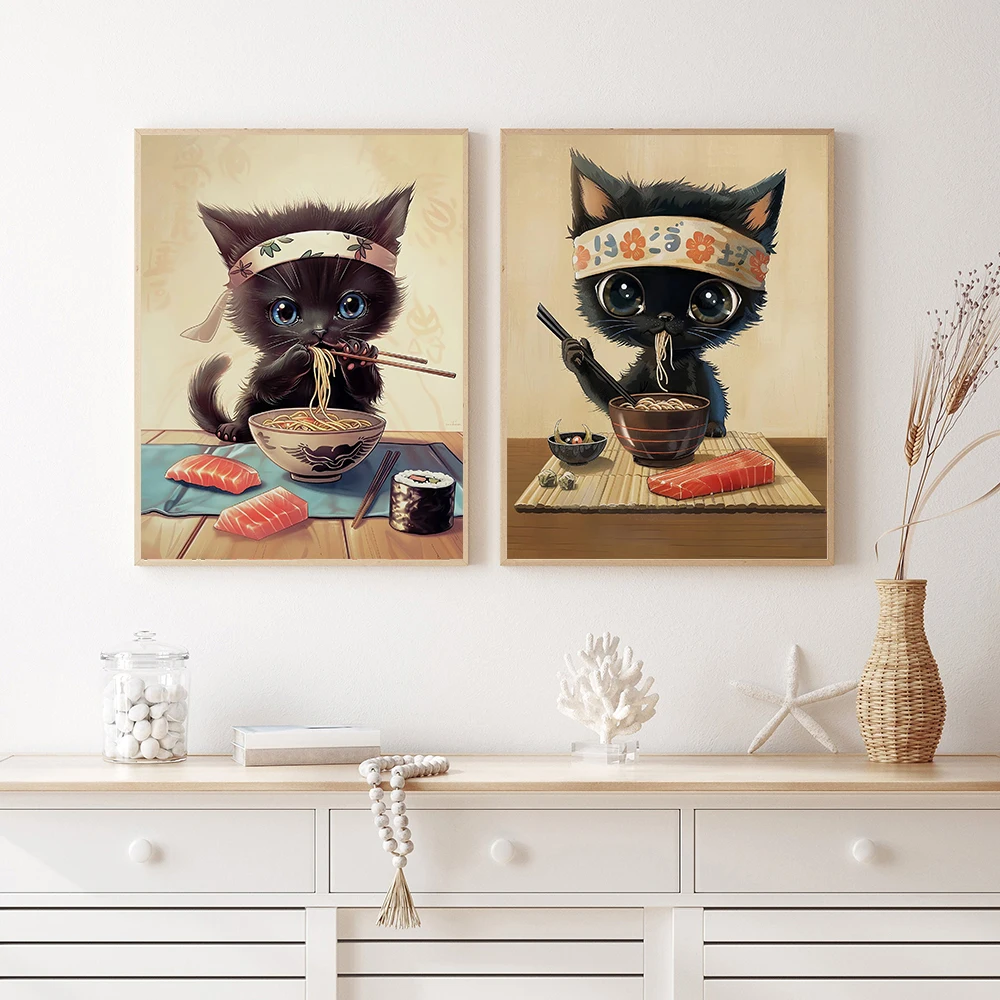 Japanese Tokyo Food Black Cute Cat Eating Hand Pulled Noodle Posters Print Wall Art Pictures Canvas Painting For Kitchen Decor