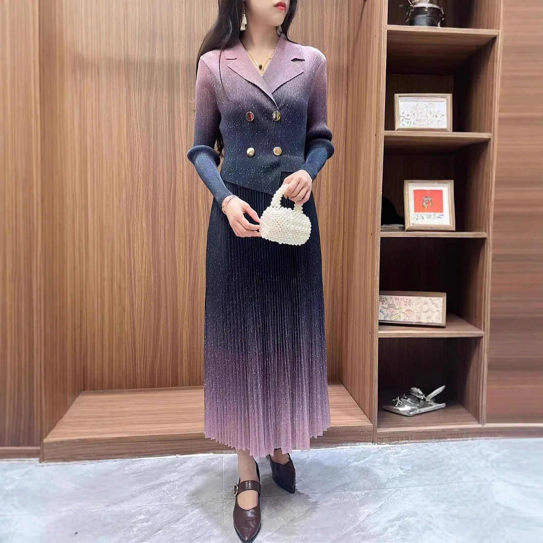 

Miyake Gradual Change Pleated Skirt Collar Temperament Fashion Women Printing Long Sleeve Dress Versatile Trend High Elasticity