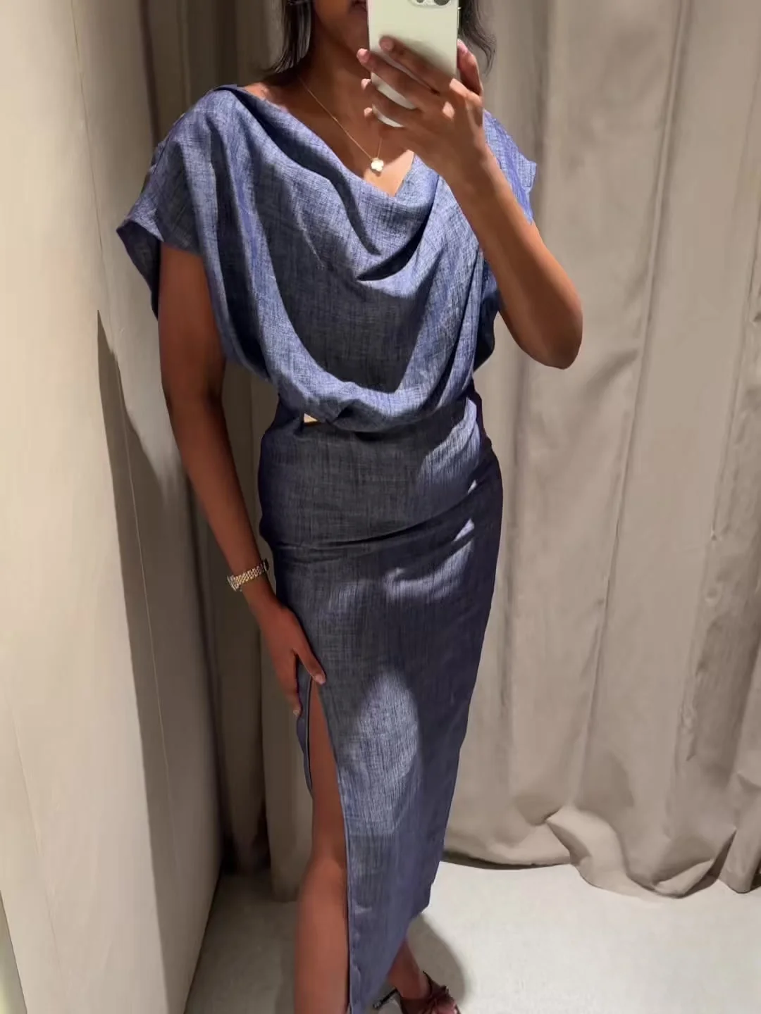 

Women's elegant knotted round neck dress short sleeve waist long dress 2025 summer fashion commuting leisure holiday dress