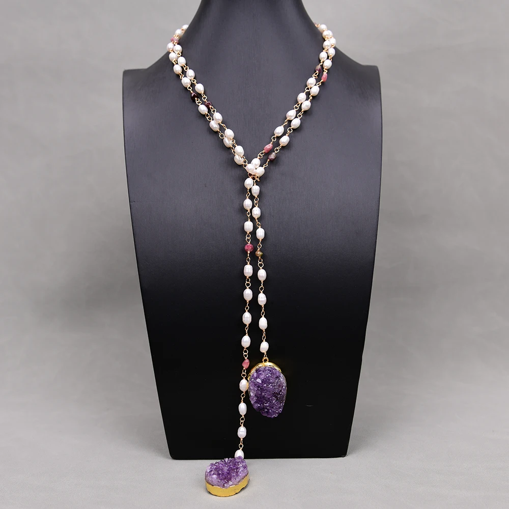 G-G 51'' Cultured White Rice Pearl Tourmaline Stone Chain Necklace Gold Edge Plated Amethyst Quartz Rough Pendant Lady Gifts