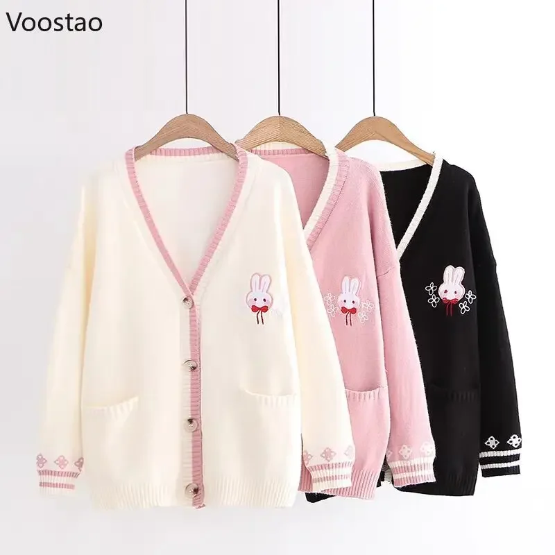 Autumn Sweet Lolita Bow Bunny Embroidery Sweater Girls Y2k Cute Loose Knitted Cardigan Tops Women Kawaii Rabbit Knitwear Coat