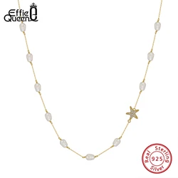 EFFIE QUEEN Natural Pearl Choker Necklace Fashion 925 Sterling Silver Starfish 5A CZ Necklace Party Jewelry Gift for Women BQN06