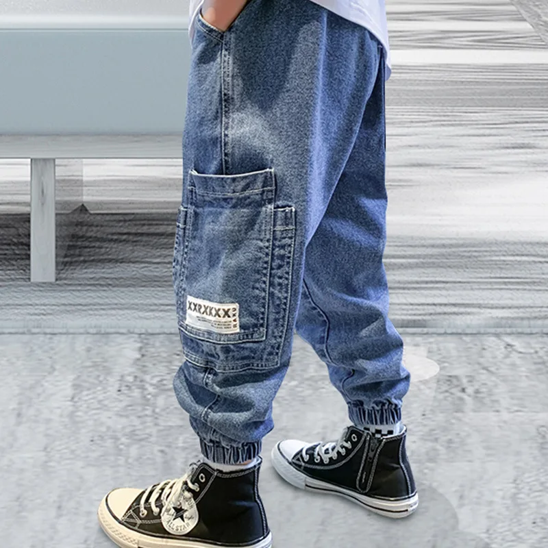 New Autumn Kids Boys Jeans Trousers Cotton Light Blue Denim Pants for Teenage School Boy Toddler Elastic Waist Jogger Pant 8 12Y