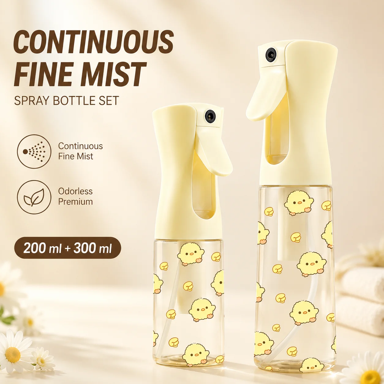 Bouteille pulvérisateur à fine brume 200/300 ml, motif poussin mignon, rechargeable, pour cheveux, plantes, beauté et nettoyage
