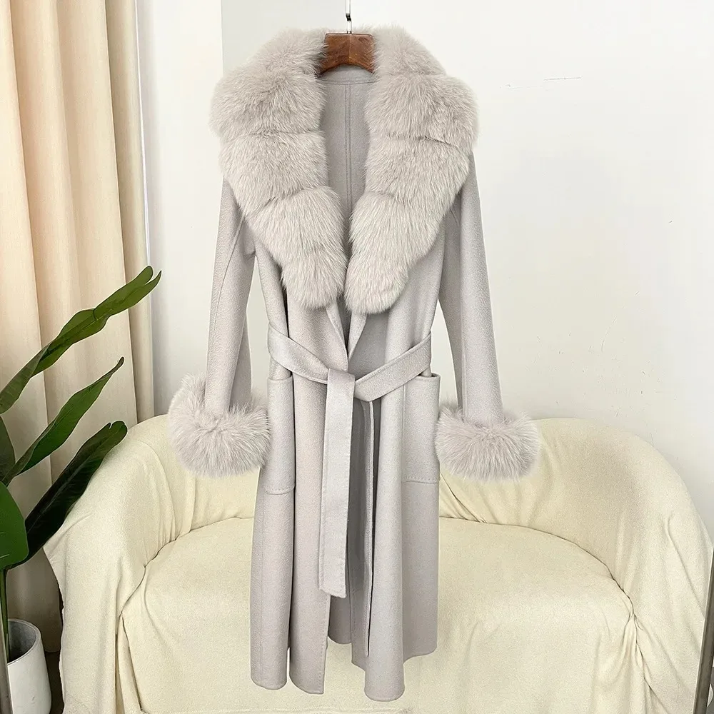 2024 New Wool Coat Wool Ladies Natural Fox Fur Collar Real Fur Coat Winter Jacket Ladies Belt Warm Coat Street Wear