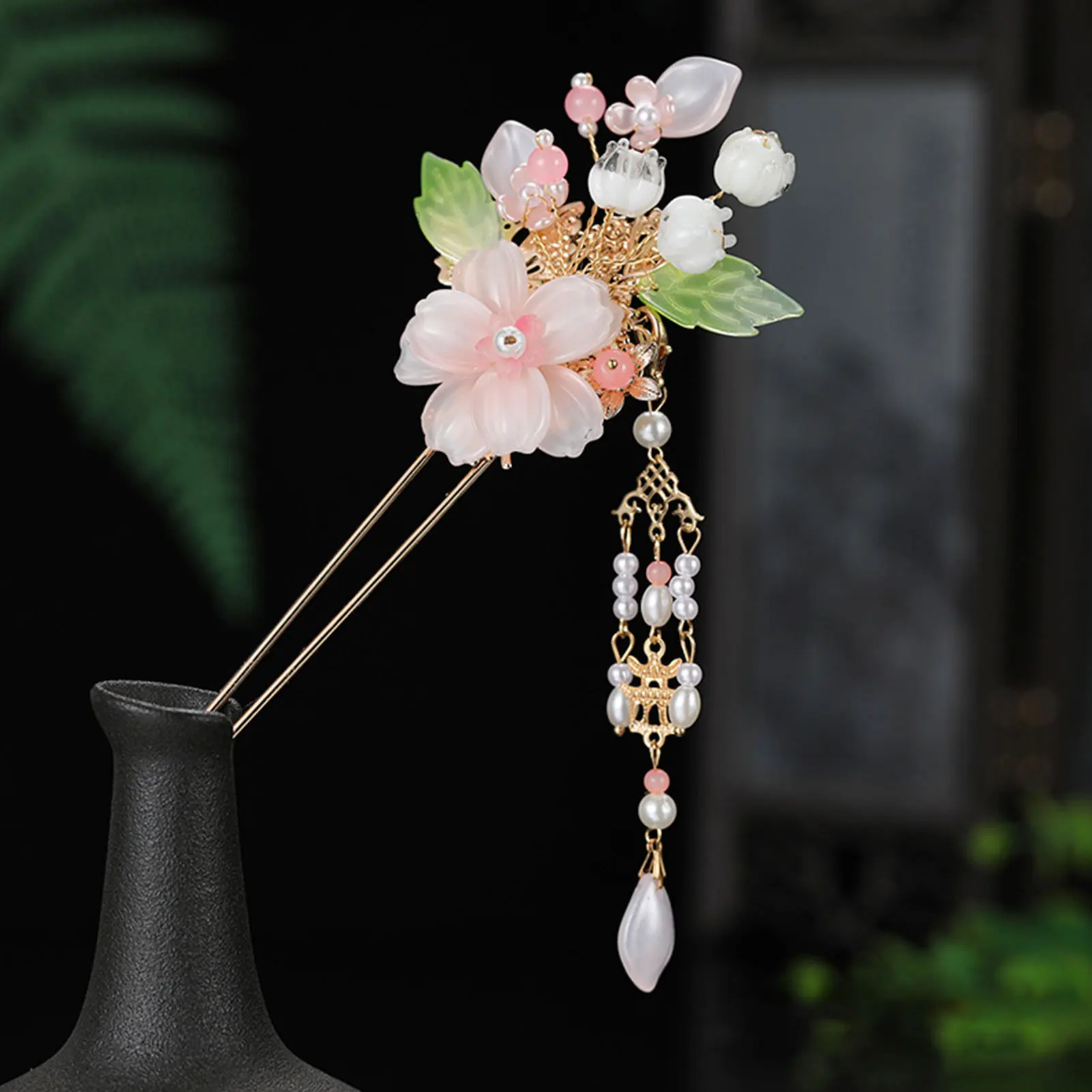 Elegante forcina per capelli fiore rosa a forma di U bastoncini per capelli floreali forchette perle catena nappa fermagli per capelli donna ragazza passo agitare gioielli per capelli