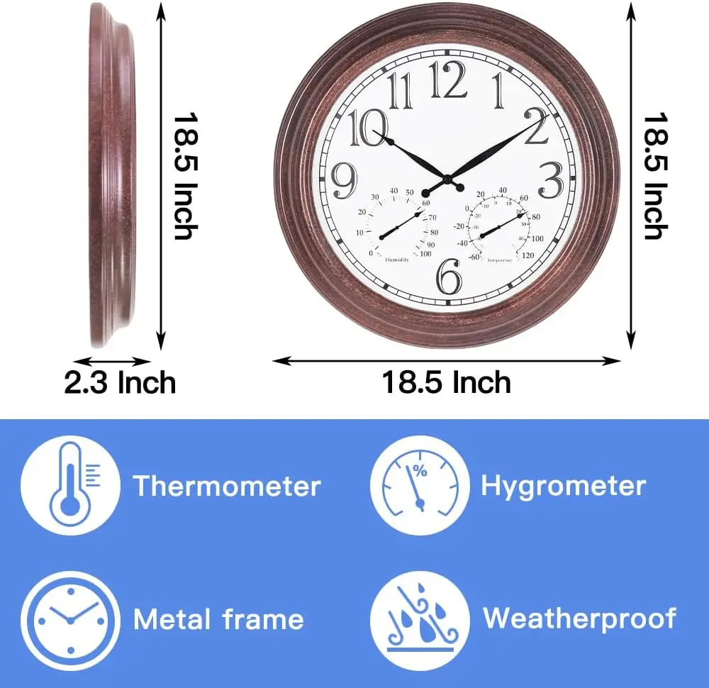 47cm Large Outdoor Clock Waterproof with Thermometer Hygrometer for Patio Pool Garden Living Room Decor Indoor Retro Wall Clock