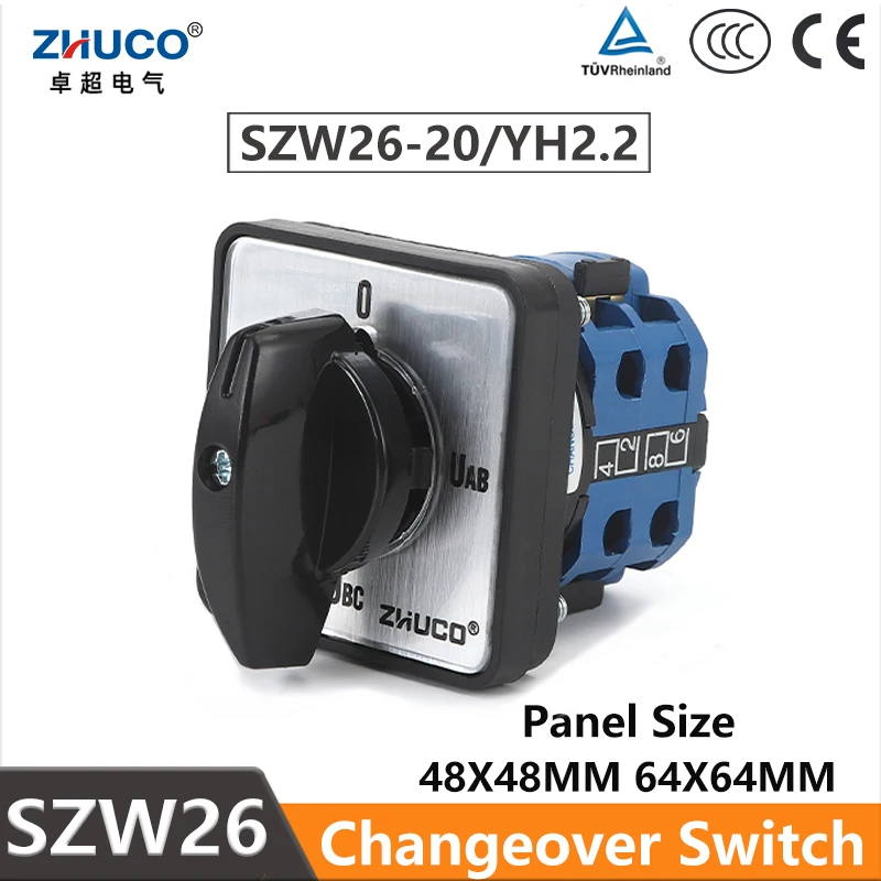 

ZHUCO SZW26/LW26-20 YH2.2 20A 2 Poles 8 Screws 4 Positions Selector Voltage Transfer Rotary Cam Changeover Voltmeter Switch