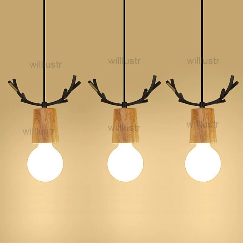 

Iron Deer Head Wood Pendant Lamp Antler Suspension Light Cafe Bar Bakery Kitchen Canteen Art Deco Hanging Ceiling Chandelier
