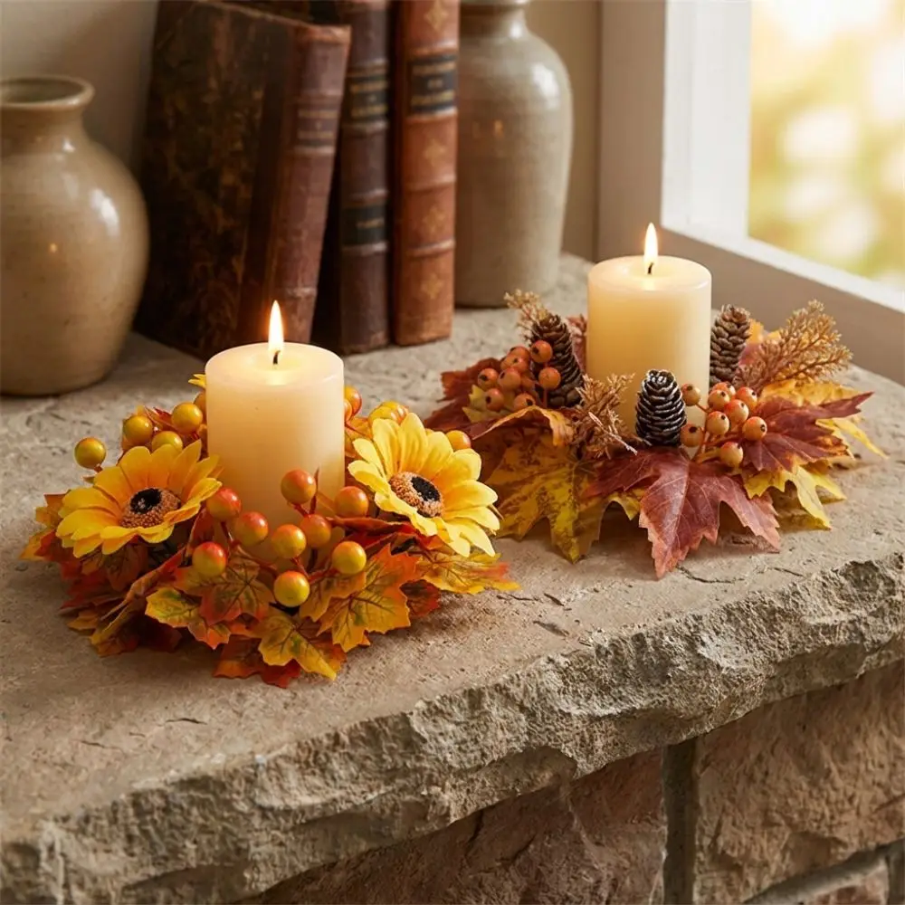 Rustic Fall Candle Ring Wreath Maple Leaves Fade Resistant Harvest Wreath Pumpkin Garland Long Lasting