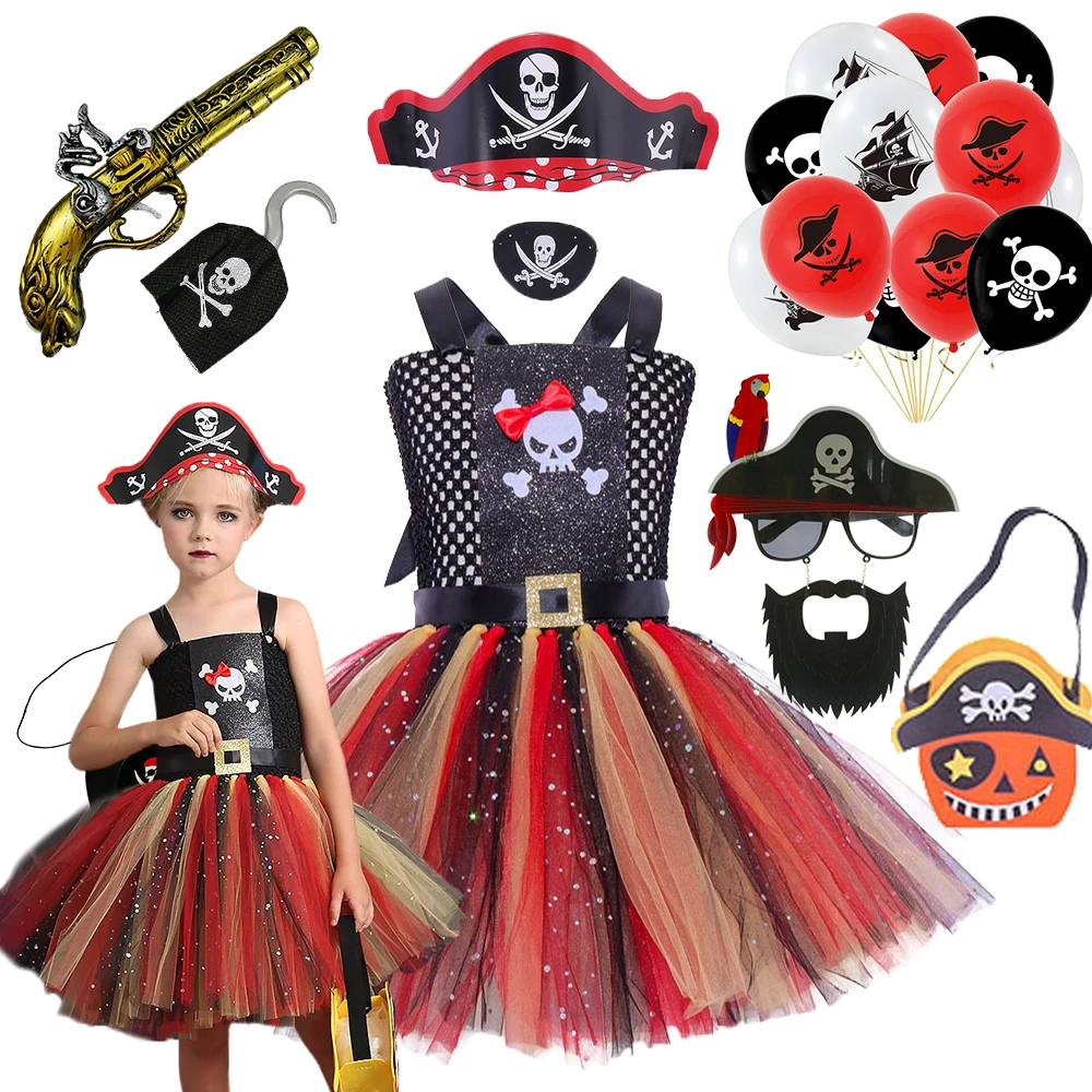 Carnavalsfeest Meisje Piraat Verkleed Halloween Kapitein Jack Mus Cosplay Kostuum Toneelvoorstelling Rode Zwarte Pluizige Tutu Jurk