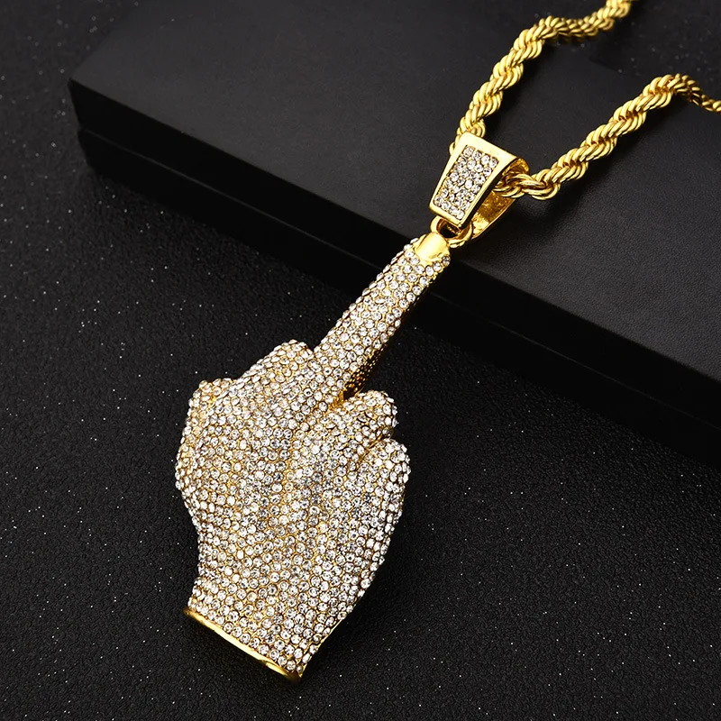 Ice Out Zircon Polite Gesture Middle Finger Necklace Men Women Punk Hip Hop Rap Rock Party Jewelry Gift