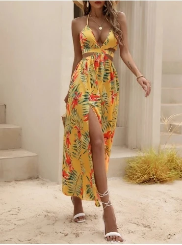 

Women's fashionable casual printed backless bow, exposed navel back collar, slit dress 2025 summer new women's clothing