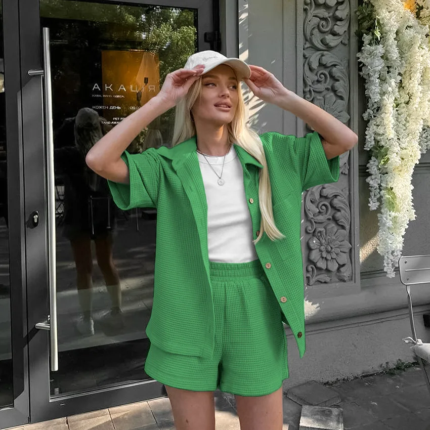 

2024 Autumn Versatile Solid Color Short Sleeve Short Sleeve Shirt Set Loose Fashion Casual Z454