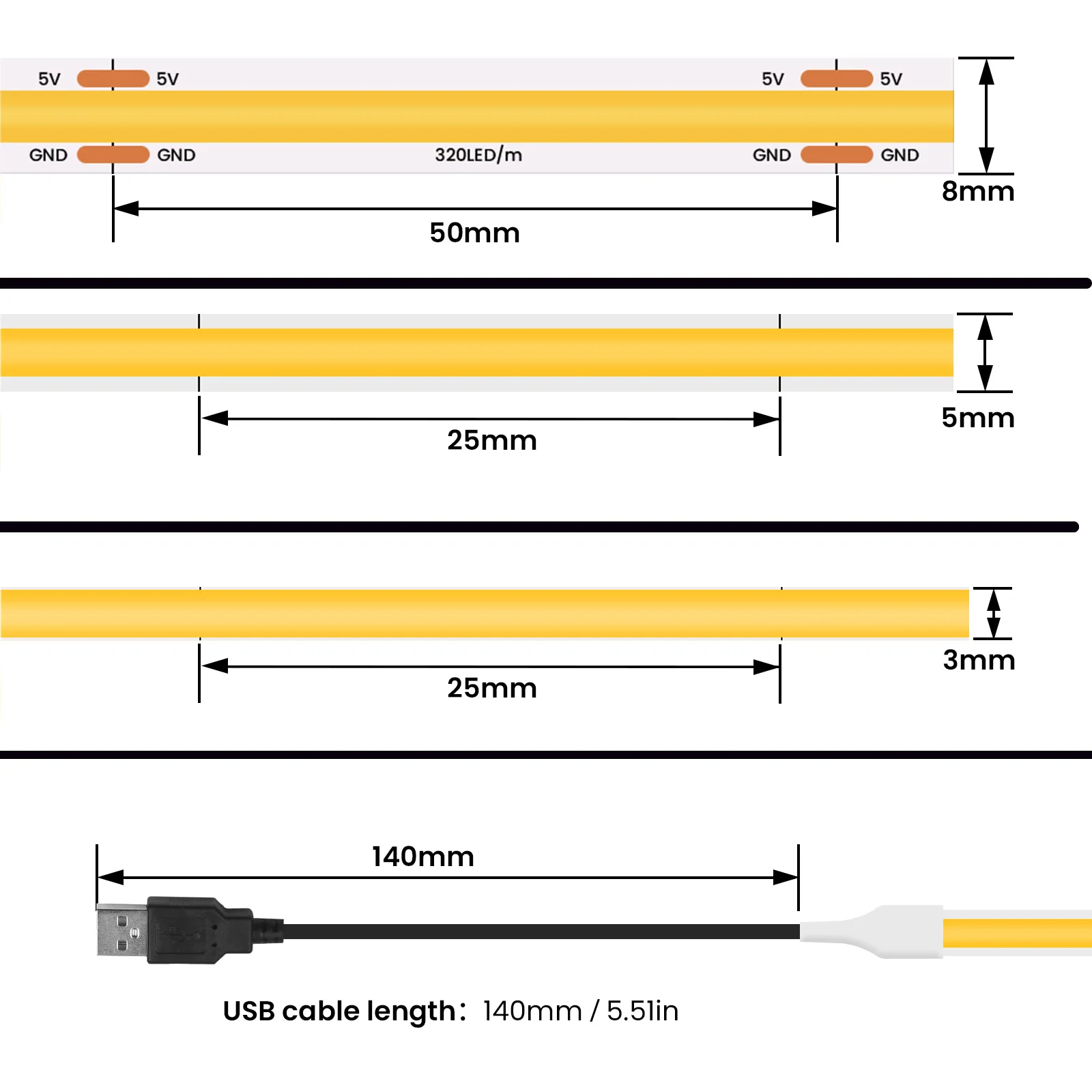 DC5V USB COB Strip Width 3MM 5MM 8MM White/Pink/Red/Yellow/Ice Blue/Green TV Backlight Home Decor Flexible Ribbon Rope LED Light