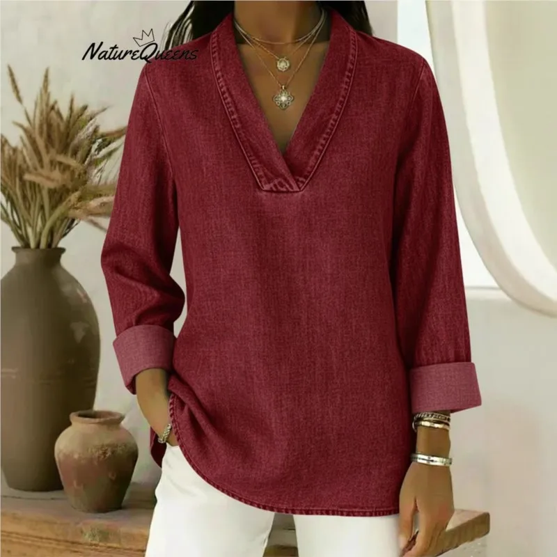 Spring And Summer Women's V-neck Solid Color Nine-quarter Sleeves Versatile Retro Comfortable New Versatile Pullover T-shirt Top