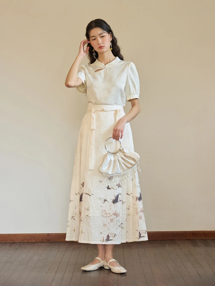 DUSHU New Chinese Style Shirt+Skirt Sets Women Puff Sleeve Stand Collar Beige Blouse Pleated Long Skirts 24DS82343+24DS82356