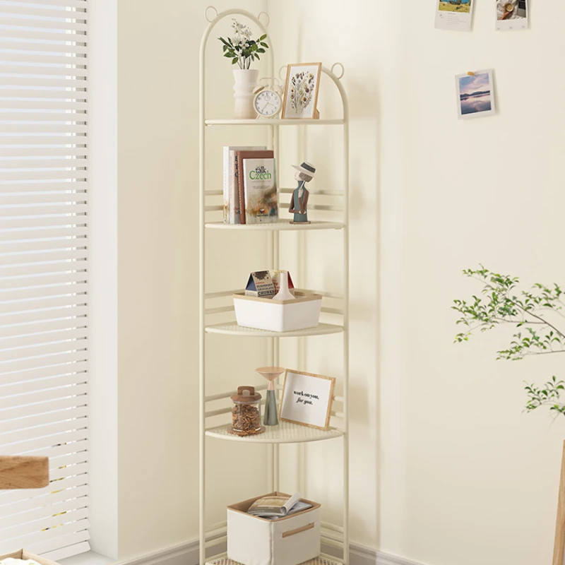 

Cream style corner shelf, floor to floor iron triangle living room, simple bookshelf, office corner book storage rack