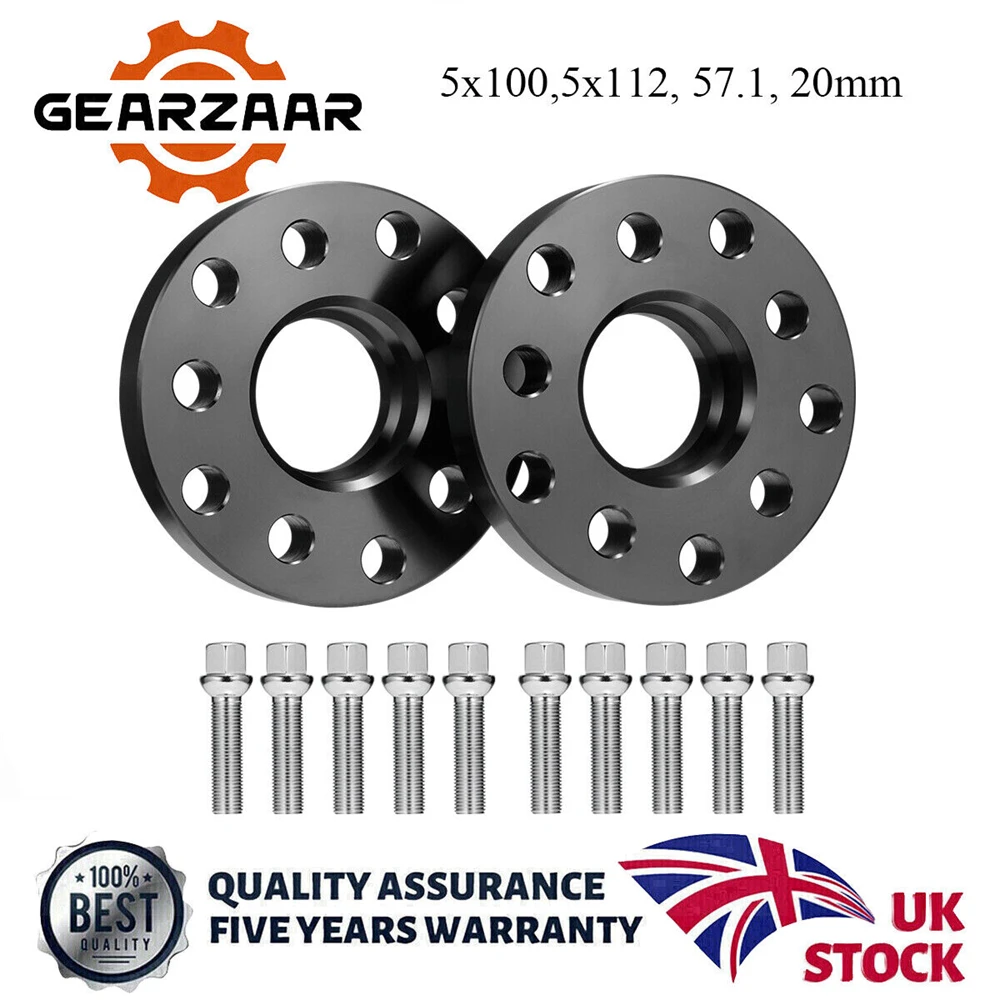 2x 20mm Hubcentric Black Wheel Spacers & 10 Bolts 5x100,5x112mm 57.1 For Audi VW