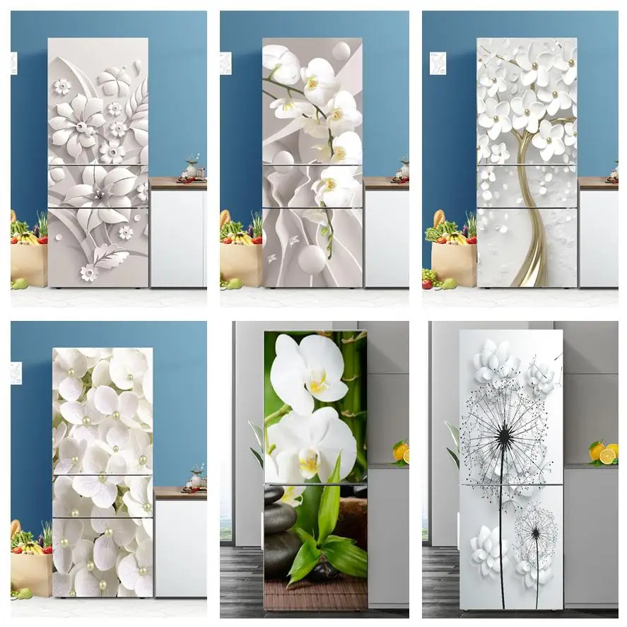 White Flowers Fridge Sticker Self-Adhesive Vinyl Custom Service Wallpaper Refrigerator Door Cover Furniture Refurbish Wall Decal