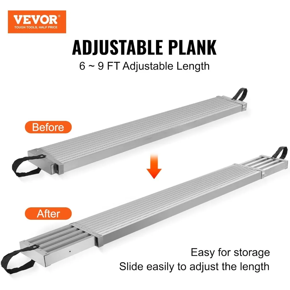 Planche de travail télescopique en aluminium VEVOR, 6-9 pieds, capacité de 500 lb, largeur de 12,5 pouces, planche d'échafaudage avec échafaudage à plate-forme antidérapante