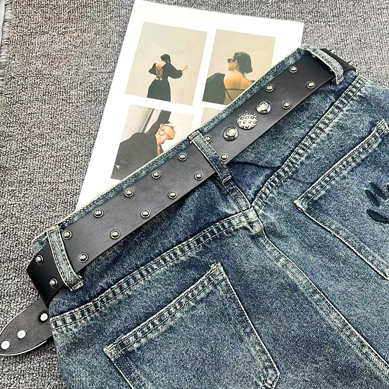 Retro Heavy Metal Rivets Men Women's Belt ERD Harley Locomotive Rock Punk Style Personality Belt Genuine Leather Jeans Belt