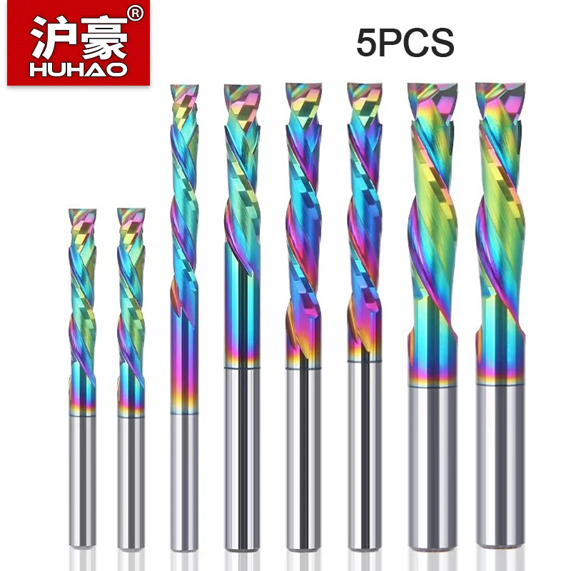 

HUHAO 5PCS 3.175/4/5/6mm Shank Compression Router Bits 2 Flutes Spiral Carbide Milling Cutter Wood End Mill CNC Acrylic Tools