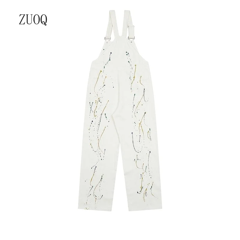 New 2025 Splash Ink High Street Strap Denim Pants Men American Vintage Casual Overalls Jeans Man